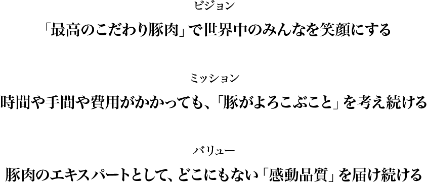 ビジョン「最高のこだわり豚肉」で世界中のみんなを笑顔にする ミッション 時間や手間や費用がかかっても、「豚がよろこぶこと」を考え続ける バリュー 豚肉のエキスパートとして、どこにもない「感動品質」を届け続ける